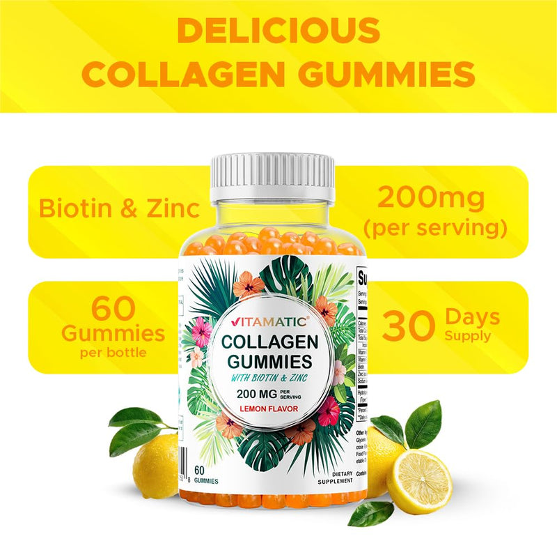 Vitamatic Hydrolyzed Collagen Gummies with Vitamin C, Zinc and Biotin, 200 mg - Healthy Skin Support - 60 Gummies 60 Count (Pack of 1)