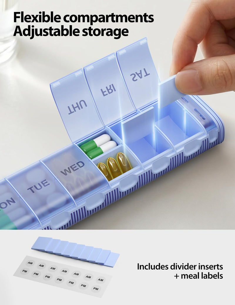 VAYDEER Metal Weekly Pill Organizer – Moisture-Proof Travel Pill Organizer with Built-in Desiccant Chamber and Airtight Lids – Large-Capacity Pill Box for Vitamins, Medicines & Supplements (Black) Black