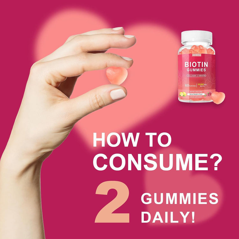 Biotin 10000mcg Keratin Collagen Gummies Hair Nail Vegan Raspberry 60 Count | For Women, Vegan, Vitamin C, Hair Nail Growth & Strengthener, Daily Supplements 60 Count (Pack of 1)