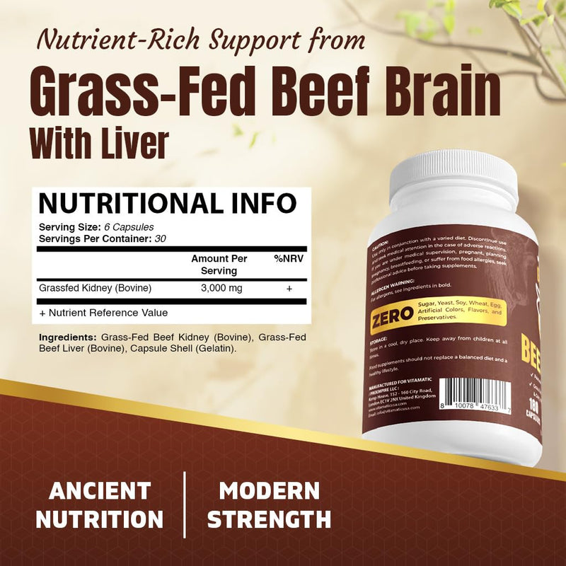 Vitamatic Grass Fed Beef Kidney with Liver - 180 Capsules - Freeze Dried & Non-GMO - Pasture Raised Glandular Supplement - Made in USA