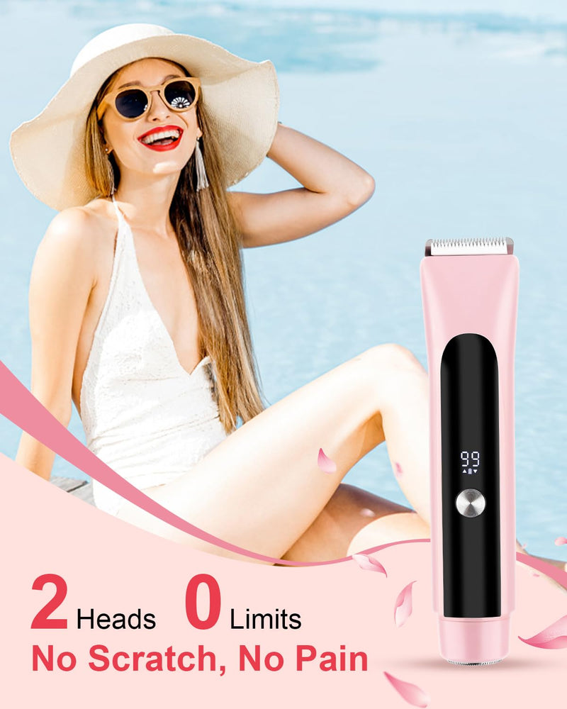 Bikini Trimmer for Women Pubic Hair,Electric Razors with Dual Heads for Body, Rechargeable IPX7 Waterproof Bikini Shaver for Travel,Facial Hair Remover for Leg Arm Face Pink