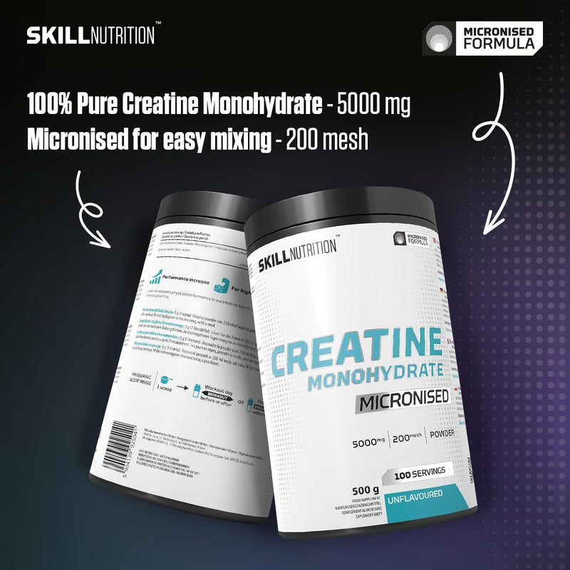 Skill Nutrition Creatine Unflavoured - 500 g | Micronized Creatine Monohydrate for Enhanced Absorption & Performance | Supports Strength, Muscle Growth, and Recovery | Vegan-Friendly, Pure Formula 500 g (Pack of 1)