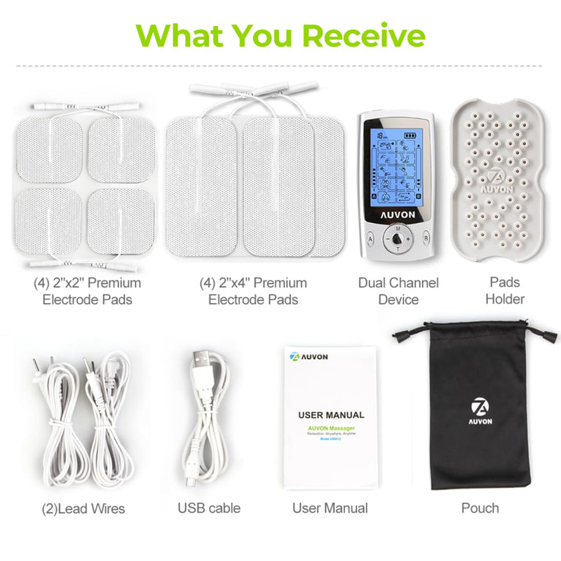 AUVON Dual Channel TENS Unit Muscle Stimulator Machine with 20 Modes, 2" and 2"x4" TENS Unit Electrode Pads A Silver