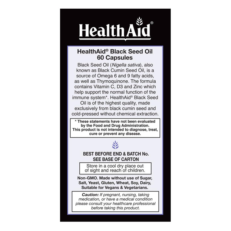 HealthAid Black Seed Oil Capsules, 1000mg, 60 Count, Cold-Pressed with Vitamin C, D, Zinc for General Health and Wellbeing, Vegan, Rich in Thymoquinone