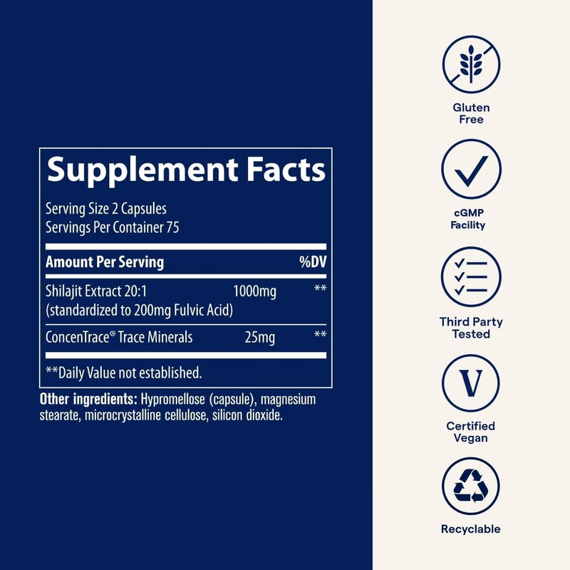 [Australia] - Trace Minerals Shilajit 1000mg - Mineral Supplement Support for Brain Health & Immune Function - Healthy Energy Support Formula with Shilajit Extract & Trace Minerals - 150 Capsules (75 Servings) 