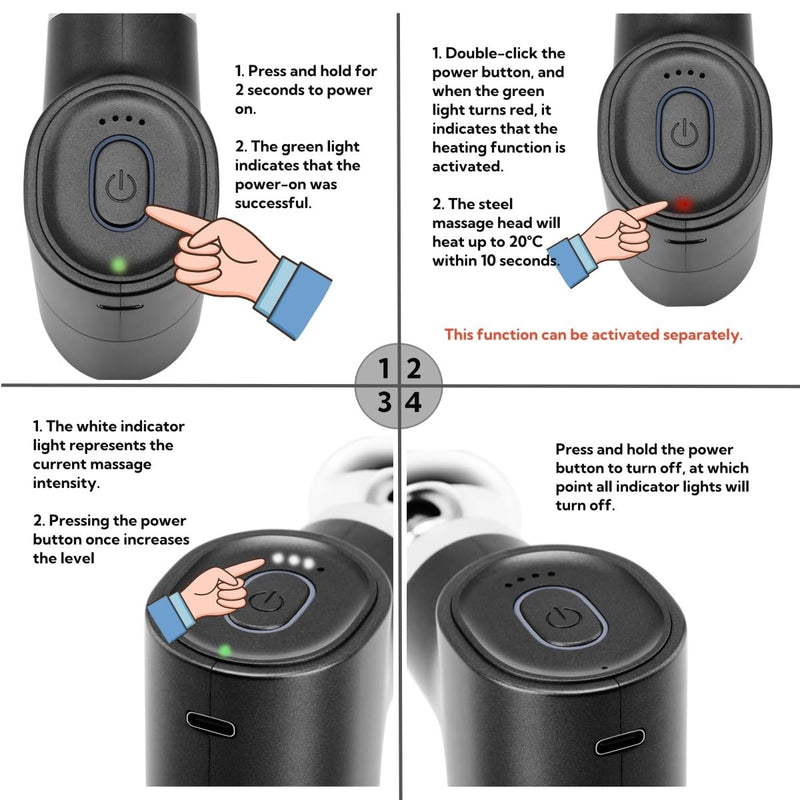 [Australia] - Mini Massage Gun Deep Tissue, Portable Hand Held Massager Gun with Heat, Portable Percussion Muscle Massager with 4 Massage Heads for for Dad, Office, Home, Athletes Black 