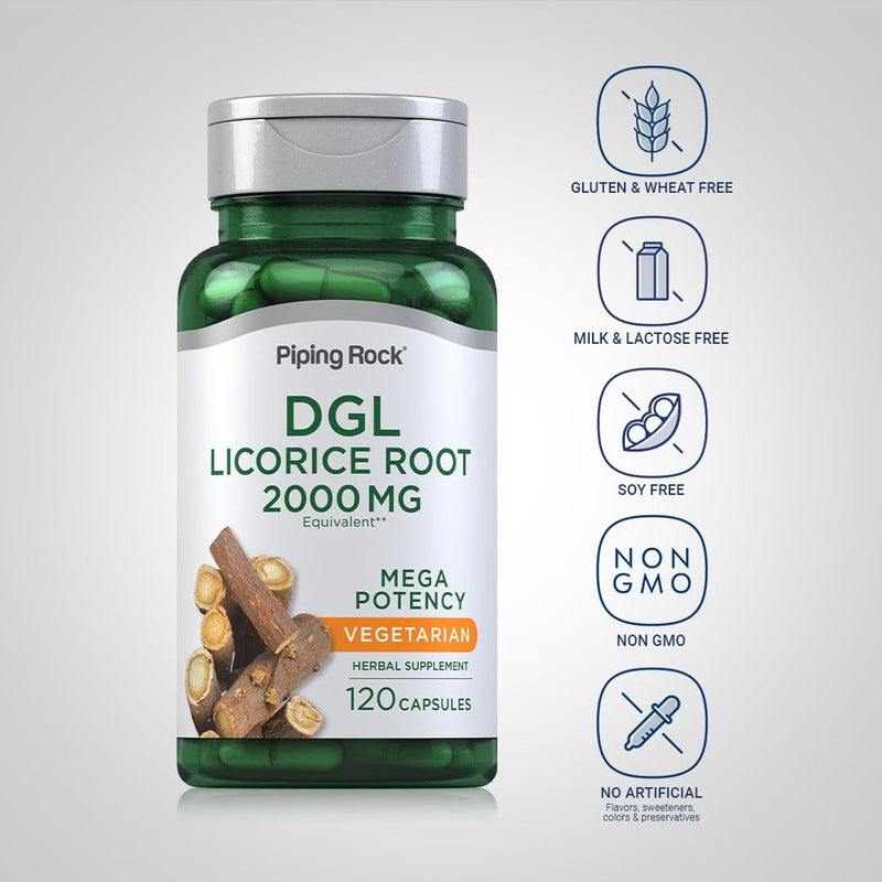 [Australia] - Piping Rock DGL Supplement | 2000mg | 120 Capsules | Licorice Root | Mega Potency | Herbal Extract | Vegetarian, Non GMO, Gluten Free 