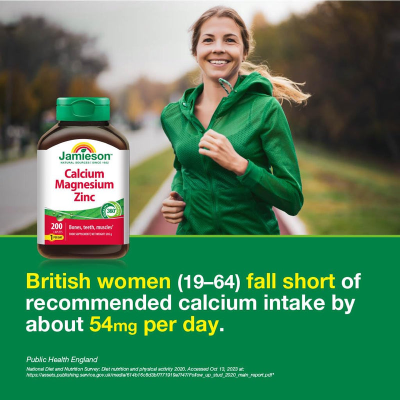 Jamieson Calcium Magnesium + Zinc, for Healthy Bones, Healthy Teeth, Muscle Function, Immune Function, Vegetarian, Gluten Free, Lactose Free, Bonus Size, 200 Caplets, 1 a Day Formula