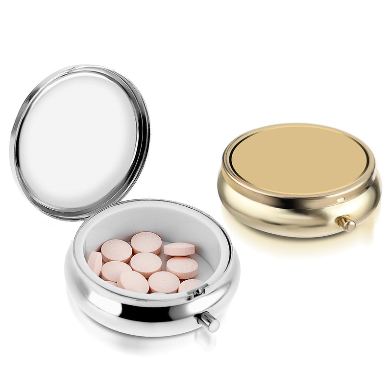 2Pcs Pill Box Small Pill Case for Purse or Pocket, Portable Cute Pill Container Metal Pill Box Decorative Medicine, Vitamin, Fish Oil and Supplements Holder Organizer (Silver&Gold) Silver&gold