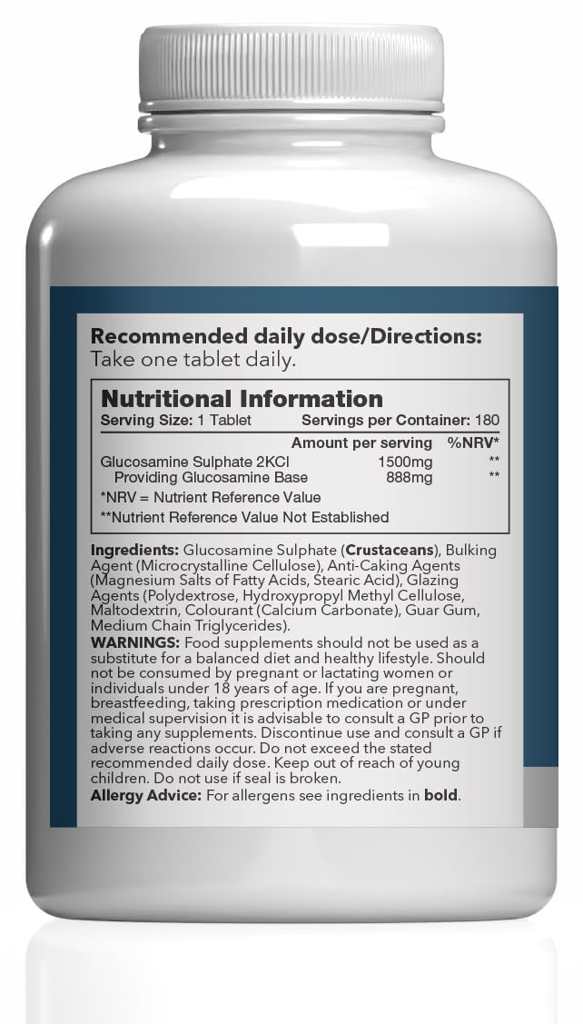Glucosamine Sulphate 2KCL 1500mg | Supports Active Lifestyles | Marine Sourced | 180 Tablets = 6 Months' Supply | Manufactured in The UK in Accordance with GMP Standards Unflavoured 180 count (Pack of 1)