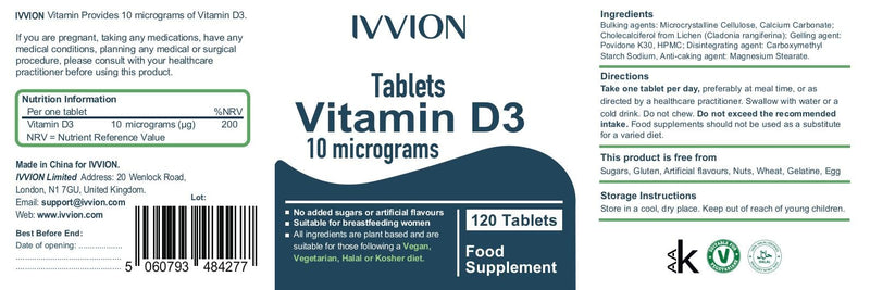 Certified Vegan 400IU, Vitamin D3, 120 Days Tablets for Pregnancy, Nursing, and Seniors - NHS Approved