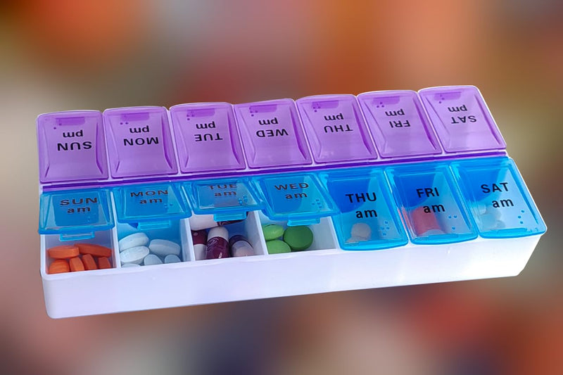 Weekly (14-Day) AM/PM Pill Organizer, 2 Times a Day Pill Case and Planner, Portable Vitamin Containers, Medicine Pill Box(Blue-Purple) Blue-purple