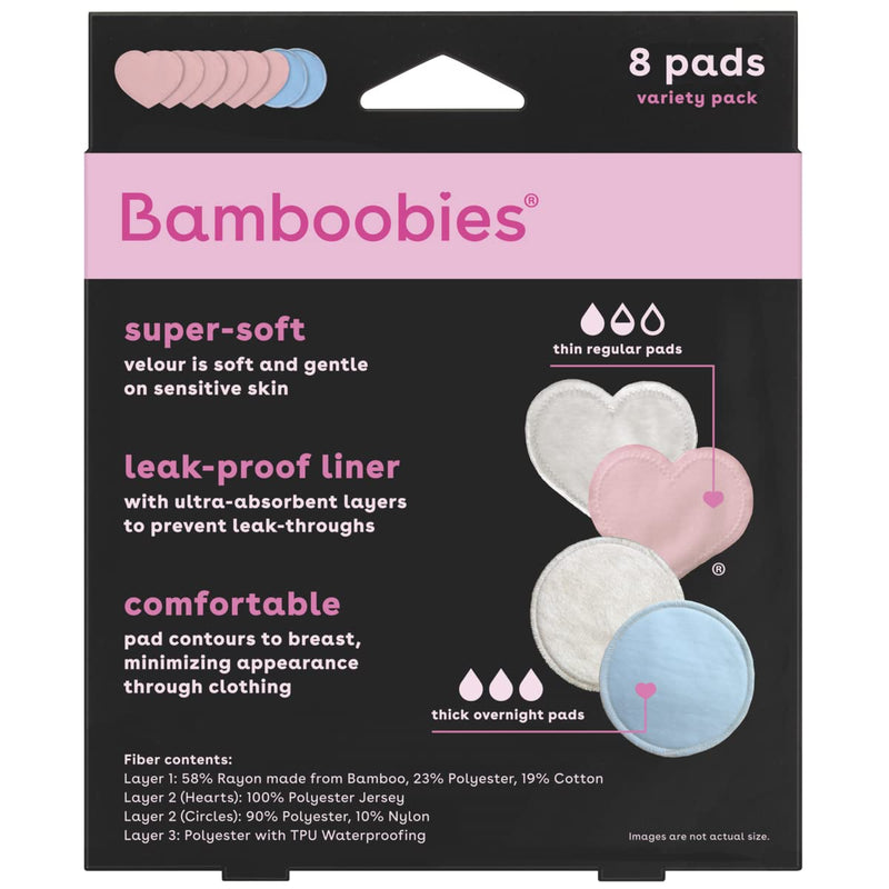 [Australia] - Bamboobies Women’s Nursing Pads, Reusable and Washable, Blue and Light Pink, 3 Regular Pairs and 1 Overnight Pairs, Leak-Proof Pads for Breastfeeding, 4 Pairs 8 Pads Blue + Pink 