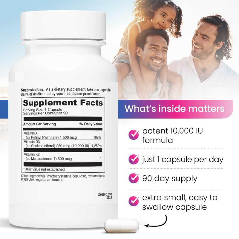 REVITALIZE ADK Vitamin Supplement 10,000 IU - 90 Servings, High Potency Vitamin A, D3 & K2 (MK-7) for Bone Strength | Supports Heart Health and Immune Function - Convenient Capsule Form