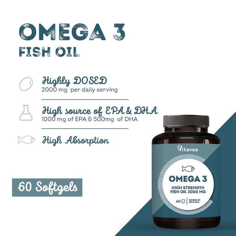 Omega 3 Fish Oil 2000mg – 1000mg EPA & 500mg DHA – 1600mg Omega-3 Fatty Acids – Supports Heart, Brain & Vision – 60 Easy-to-Swallow Softgels – Up to 2-Month Supply – Vitavea