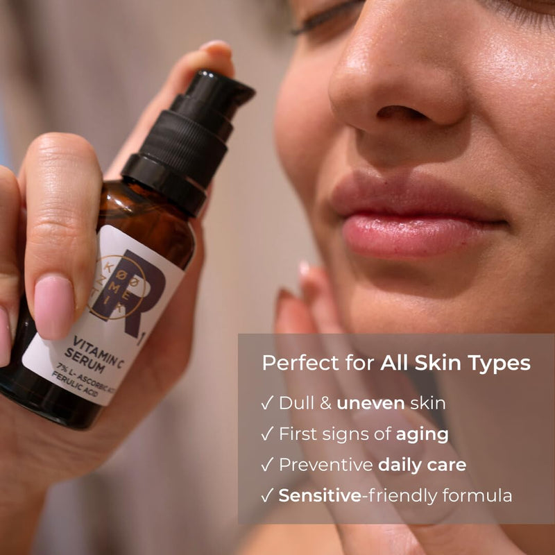 Vitamin C+Ferulic Acid Face Serum | Brightening Antioxidant Formula | Reduces the Appearance of Fine Lines & Wrinkles | Lightweight Fast-Absorbing Daily Serum | 100% Bioactive | R1 KØØZMETIK | 30ml R 1 Vitamin C Serum