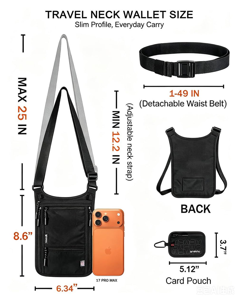 Travel Neck Wallet, RFID Blocking Passport Holder, Secure Dual Strap | Easy to Conceal Travel Pouch, Concealed Travel Wallet for Men, Women & Family, Water Resistant Black