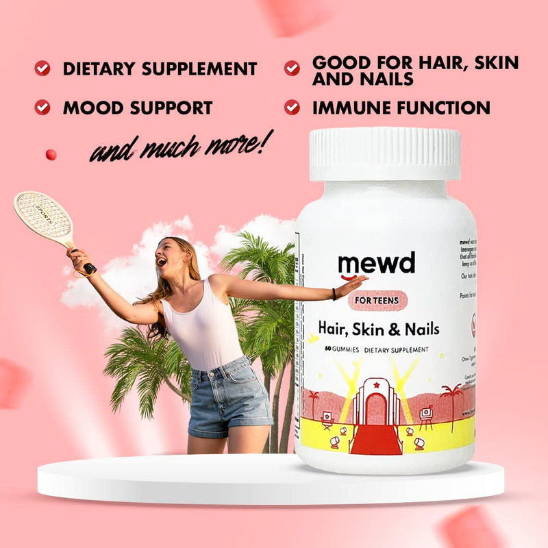 MEWD Teen and Kids Hair, Skin & Nails Support Multivitamin Gummies - Biotin Strength & Growth with Zinc, Vitamins A, D3, B1, B2, B6 & B12 - Gluten-Free, Non-GMO for Girls & Boys - 60 Count - USA Made