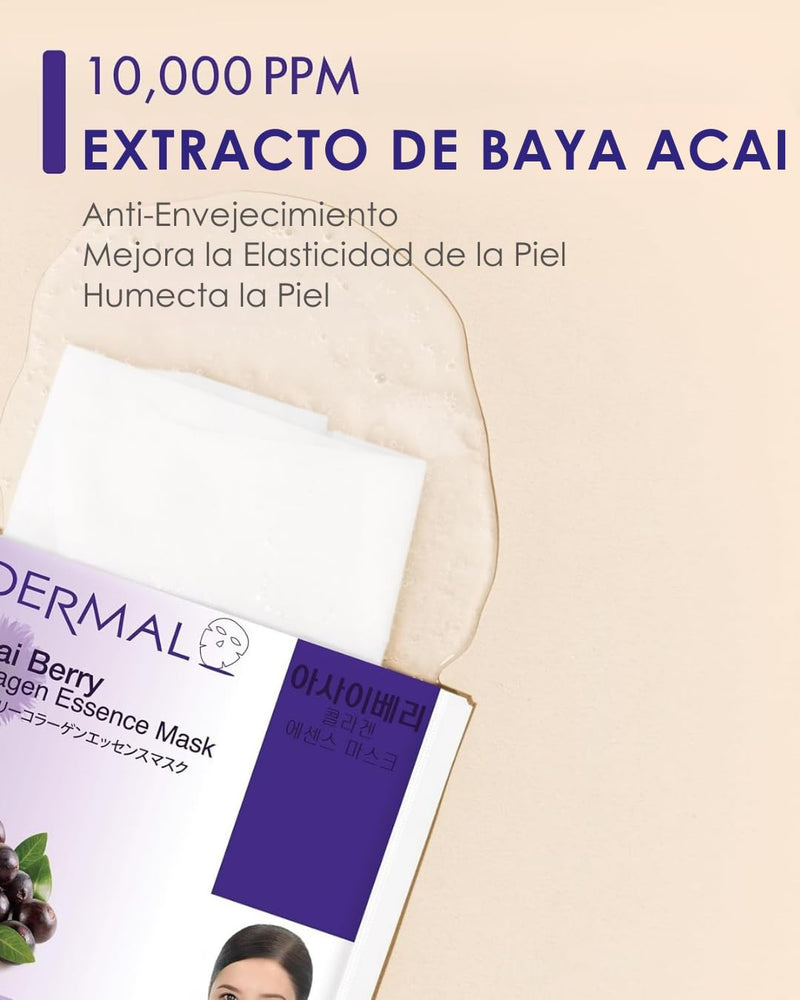 DERMAL Acai Berry Collagen Essence Facial Mask Sheet 23g Pack of 10 - Moisturizing & Firming Keeps Skin Healthy and Clean, Daily Skin Treatment Solution Sheet Mask