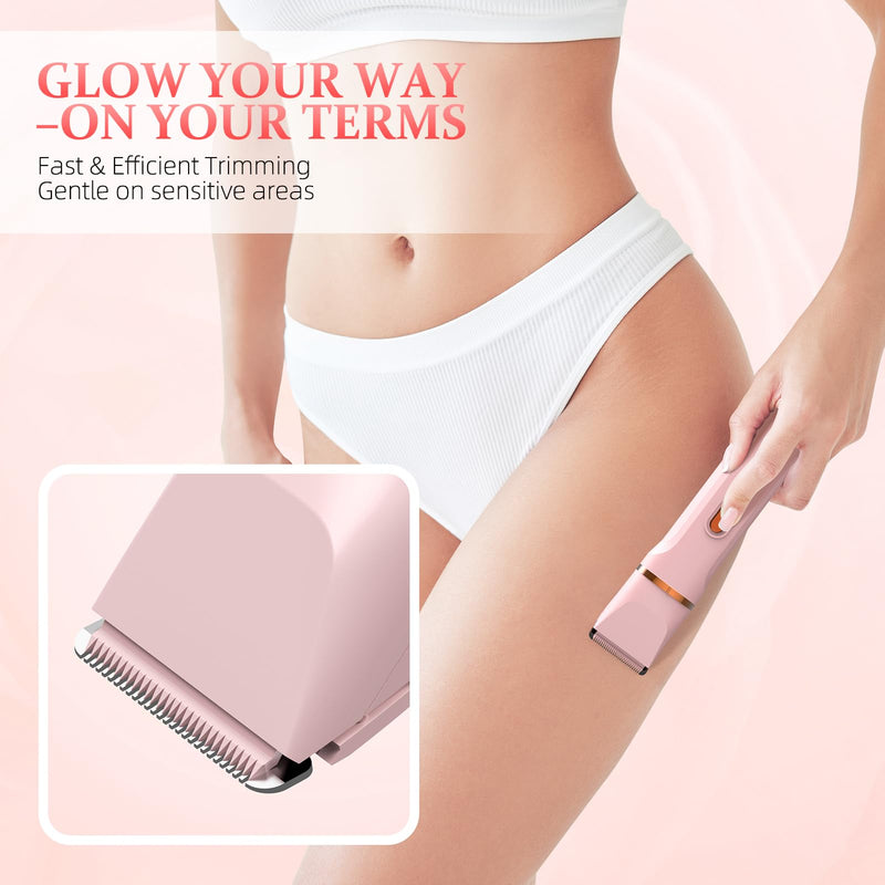 5-in-1 Bikini Trimmer for Women, IPX7 Waterproof Electric Razors Shaver, Cordless Body Hair Trimmer, Facial & Pubic Hair Removal, Ceramic Blade (Blush) A-pink