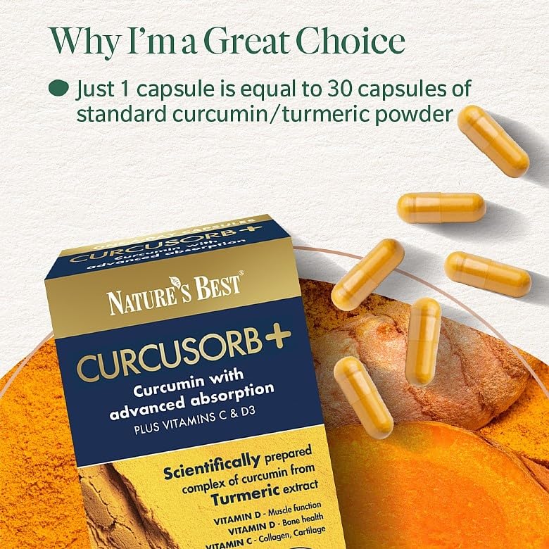 Nature’s Best Curcusorb+ - Highly Absorbable Curcumin Complex with Vitamin D3 & Vitamin C - Joint, Muscle, Cartilage & Immune Support - 60 Capsules (2 Month Supply)
