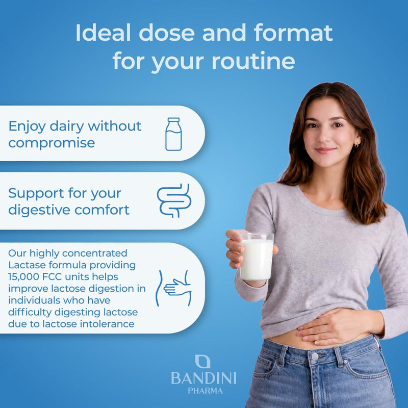 Bandini® Lactase Extra-Strength Dose 15,000 FCC - Helps with Lactose Intolerance - 80 Tablets - Supports the Lactose Digestion - Slow Release Digestive Enzymes Supplement - 100% Vegan - Chemical Free