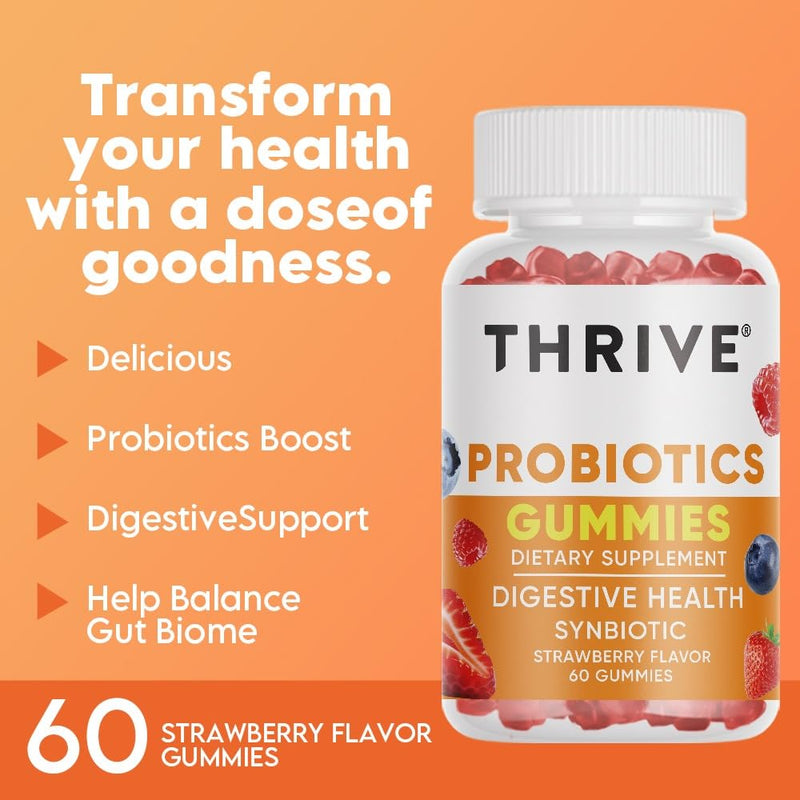 THRIVE Probiotics Gummies with 30 Billion Live & Active CFU Strain for Digestive Health & Gut Support, Synbiotic | Dairy & Gluten Free | Strawberry Flavour Gummies, High Bioavailability | 60 Gummies