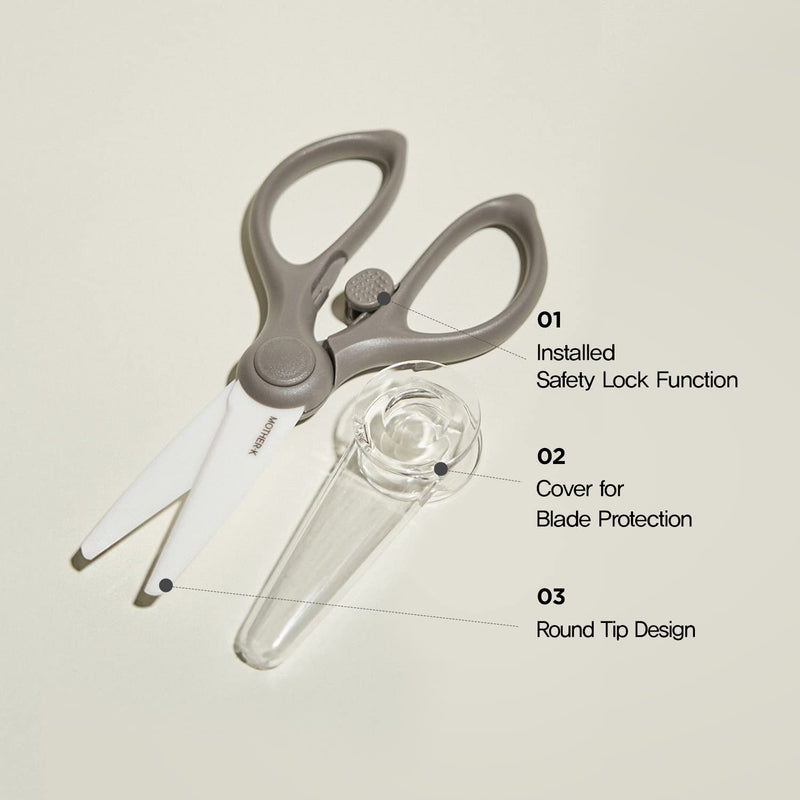 [Australia] - MOTHER-K Portable Ceramic Scissors with Tongs Set, Ceramic Scissors for Baby Food with Protective Blade Cover and Portable Case, Safety Lock (GREY) 