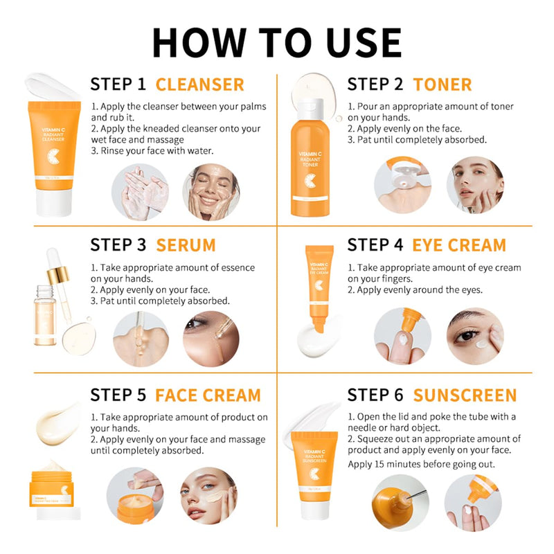 Baorder 6PCS Hydrating Skin Care Set with Vitamin C,Face Care Kit Includes Serum,Face Cream,Eye Cream,Toner,Sunscreen,Cleanser,Face Care Set for Women,Unique Gift