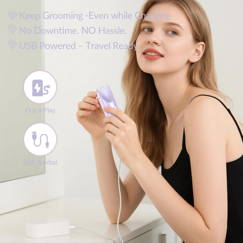 [Australia] - Bikini Trimmer for Women – 2-in-1 Electric Razor with Dual Heads, Ceramic Blades, Wet & Dry Use, USB Rechargeable, Skin-Friendly Shaver for Bikini Line, Underarms & Sensitive Areas – Lavender Purple 