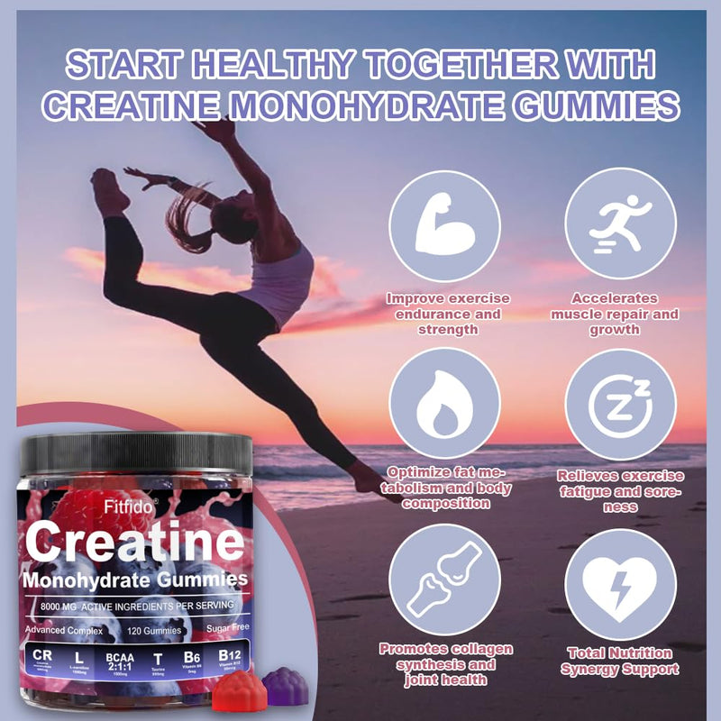 [Australia] - Creatine Monohydrate Gummies Complex 8000mg for Men and Women, Containing L-carnitine & Taurine, Build Muscle, Boost Energy, Faster Recovery, Sugar Free & Vegan, Raspberry & Blackberry, 120 Count 