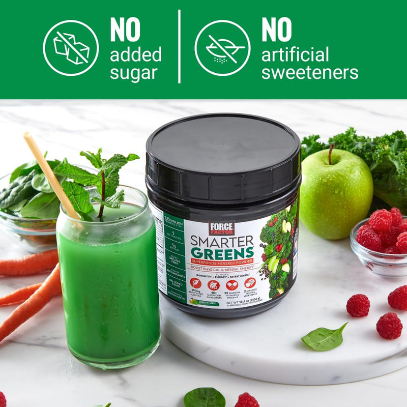 Force Factor Smarter Greens Superfoods + Energy Powder | Boost Energy & Support Digestion, Gut Health, Bloating, Greens Powder with Digestive Enzymes, Lemon-Lime, 30 Servings Lemon Lime 15.4 Ounce (Pack of 1)