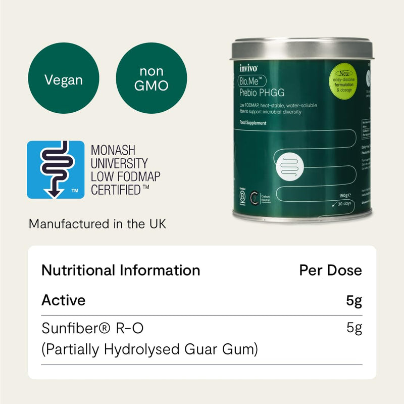 Bio.Me Prebio PHGG (150g Tin - 30 Day Supply) - Prebiotic Fibre Powder Supplement - Water Soluble Fibre to Support Microbial Bacteria Diversity in The Gut - Vegan Friendly & Gluten Free - by Invivo 150g (Tin)