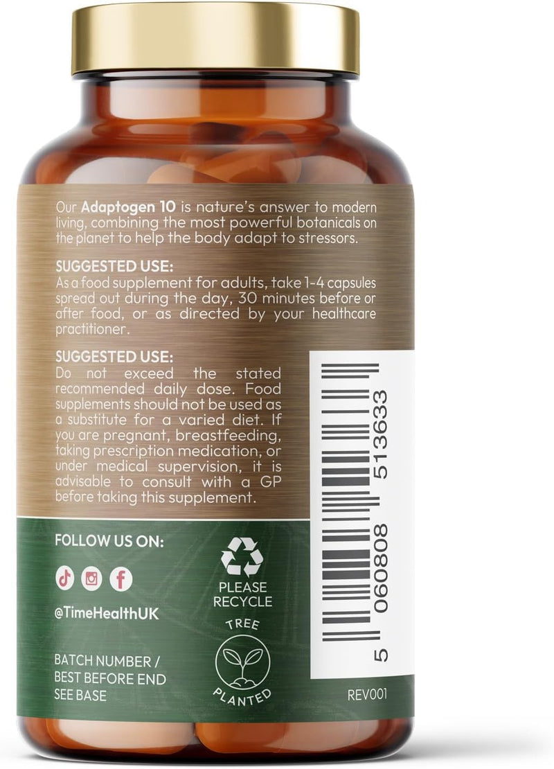 Adaptogen Complex 10 - Energy, Fatigue & Adrenal Support - 120 Capsules - UK Made Supplement - GMP - Vegan
