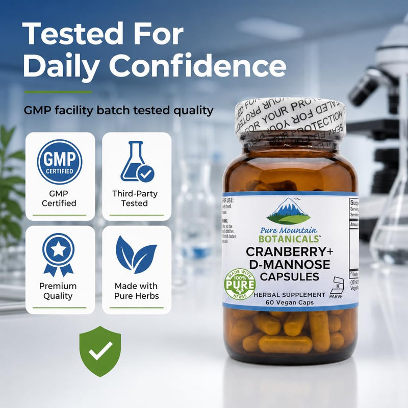 Pure Mountain Botanicals D Mannose with Cranberry Capsules - 60 Count Vegan Kosher - 1000mg D-Mannose for Urinary Tract Health - DMannose 1000mg with Vitamin C for Women and Men