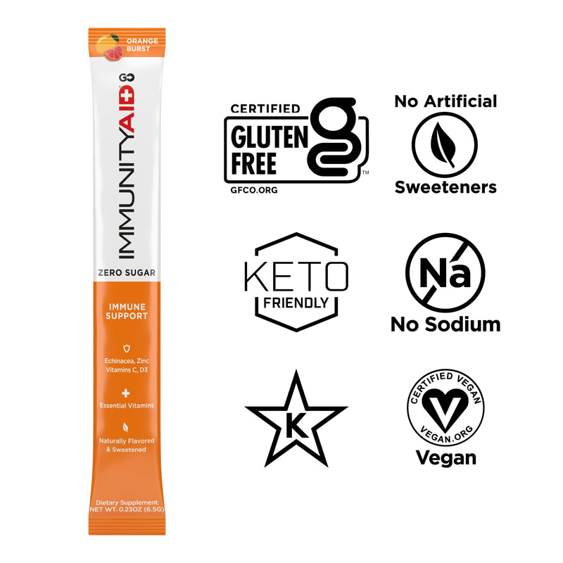 LIFEAID IMMUNITYAID GO Zero Sugar Hydration Packets (14 Packets) | Zero sugar immunity & hydration stick packs with Vitamin C, Zinc, Echinacea, & Astragalus Root. 5 calories, keto, & vegan. Immunity (Orange Burst) 14 Servings