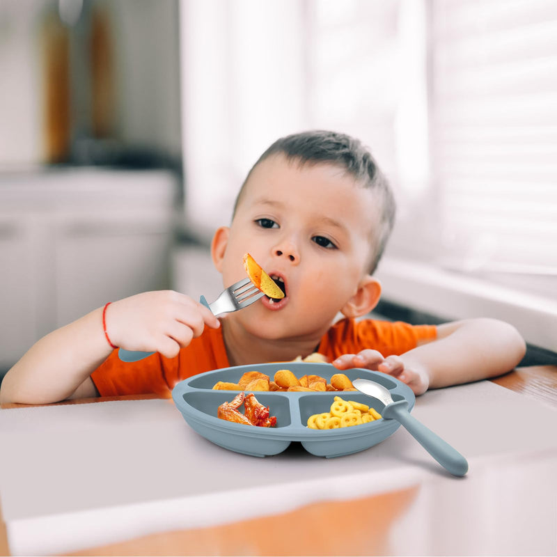 [Australia] - Baby Feeding Set, 2 Pack Silicone Divided Suction Plates for Baby, 2 Pack Spoons and Forks Set, BPA Free, Baby Led Weaning Supplies for Toddler Utensils 