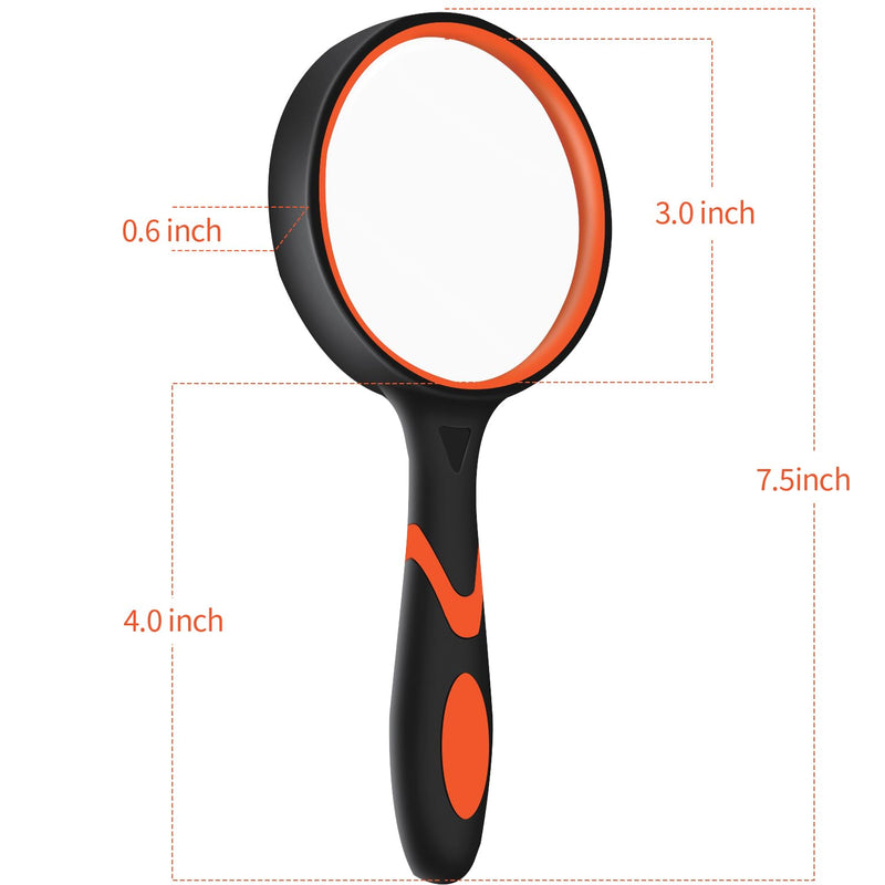 2 Pack 75mm 10X Handheld Magnifying Glass,Rubber Reading Magnifier for Kids Seniors, Suitable for Hobbies and Science Green&orange