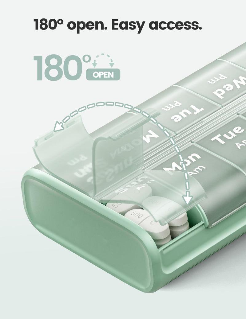 Pill Organizer 2 Times a Day, Built-in Desiccant | 7 Day AM PM Weekly Pill Box, Easy-Open, Portable Carry Handle, BPA-Free, Matte Privacy Case for Supplements and Vitamins A1-green 14 compartments