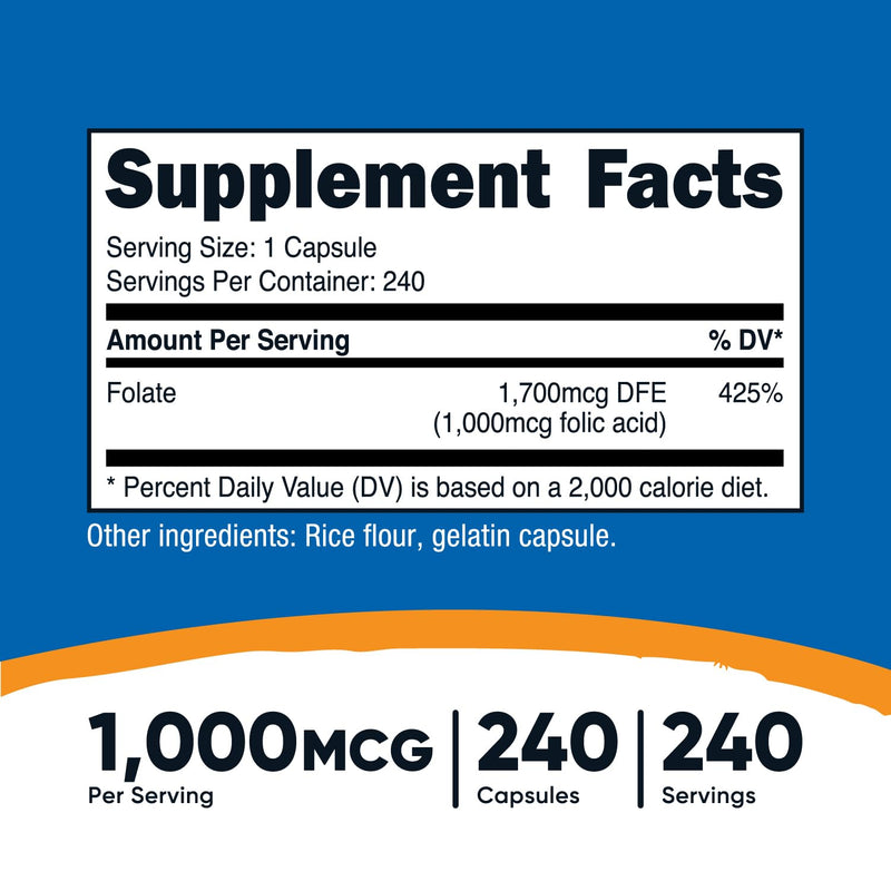 Nutricost Folic Acid (Vitamin B9) 1000 mcg, 240 Capsules