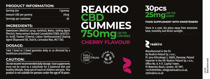 Reakiro CBD Vegan Gummies, 750mg, 30 Pieces, Cherry Flavour I 25mg per Gummy | 100% Vegan-Friendly CBD Edibles | High Strength | Stress & Anxiety Relief | Delicious Cherry Flavour 30 Capsules