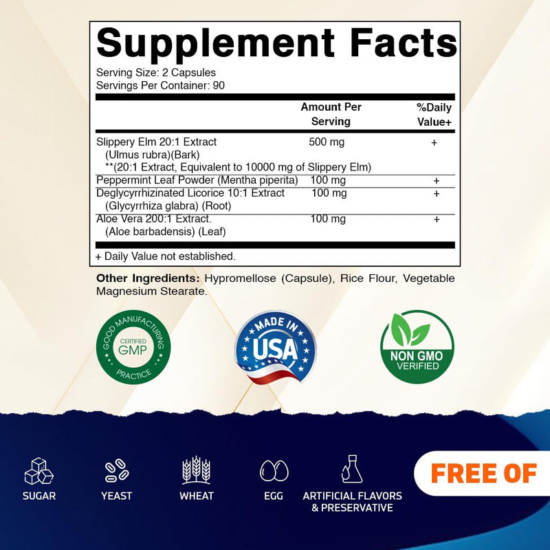 [Australia] - Vitamatic Slippery Elm Bark 10000 mg Equivalent Per Serving (from 20:1 Extract 500 mg), Made with Peppermint, DGL, & Aloe Vera - 180 Veg Capsules, and Concentrated 20X Potency 