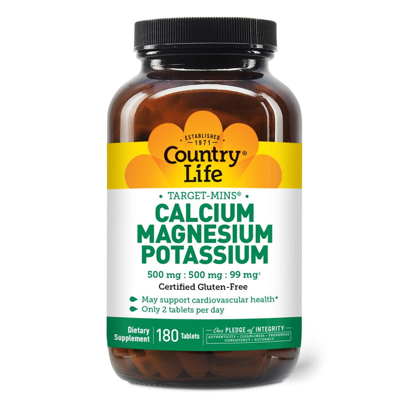 [Australia] - Country Life Target Mins - Calcium Magnesium Potassium Bone & Heart Health Supplement, 1000mg Calcium, 500mg Magnesium, Supports Calcium Utilization, 180 Tablets ‚Äì Certified Gluten Free & Vegan 180 Count (Pack of 1) 