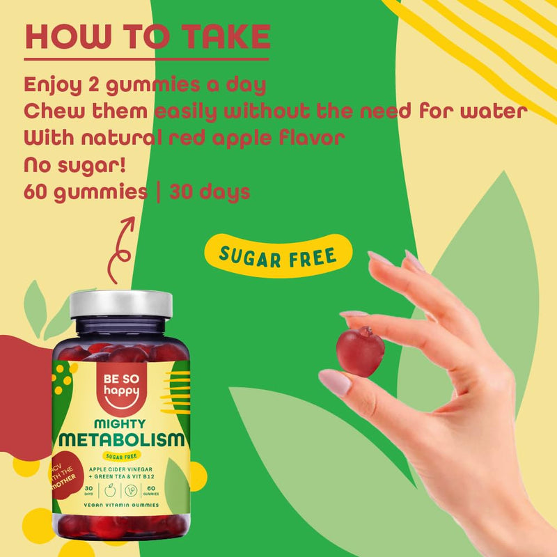 Sweet Sugar Free Apple Cider Vinegar Gummies with the Mother, Complex Ehanced with Greentea, Folic Acid, B12, B6, Selenium. High Dosage 100% Natural ACV Gummies BE SO HAPPY Mighty Metabolism