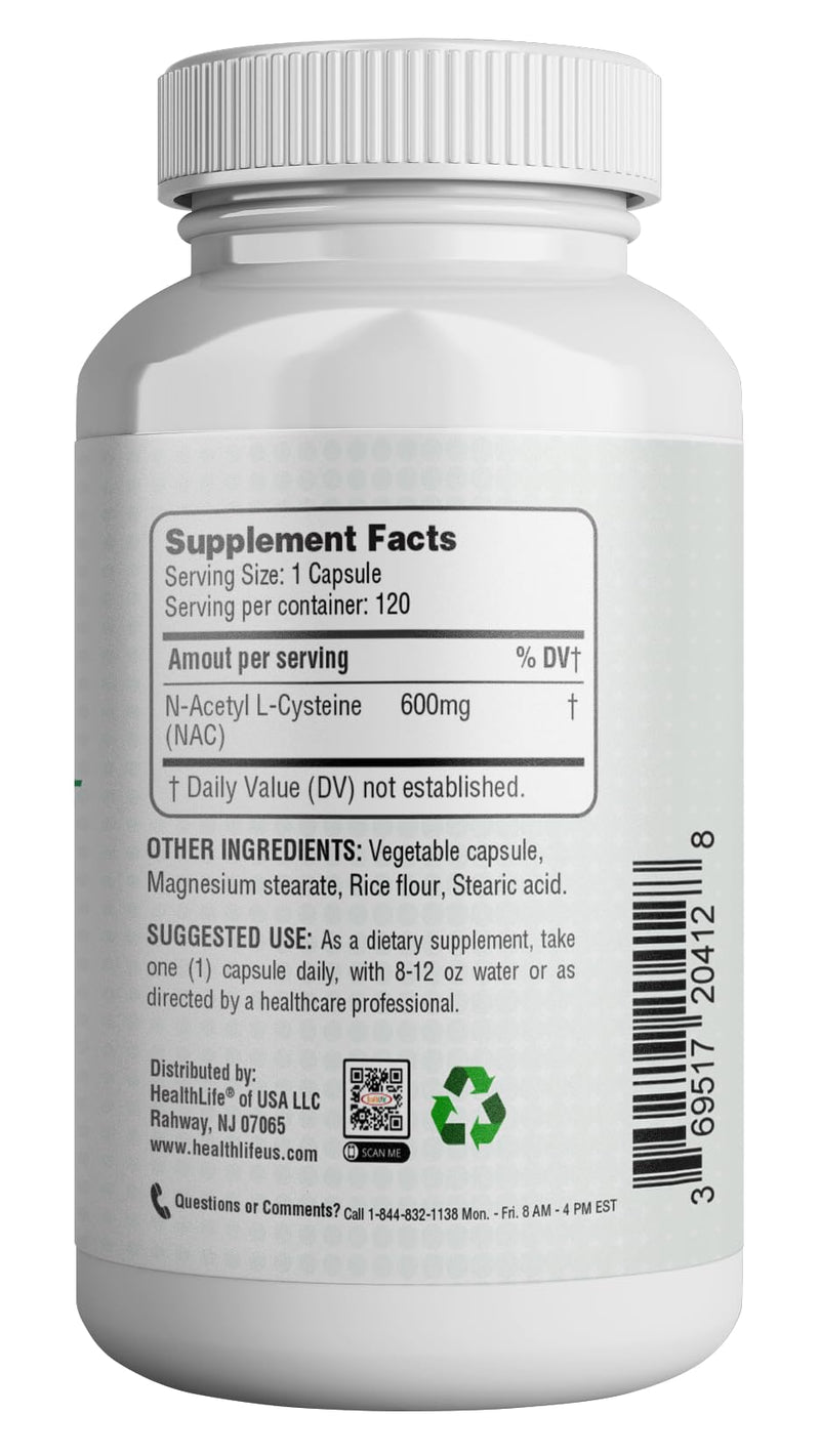 [Australia] - HealthLife N-Acetyl L-Cysteine (NAC) 600mg, 120 Capsules - Non-GMO, Gluten Free, 120 Servings 