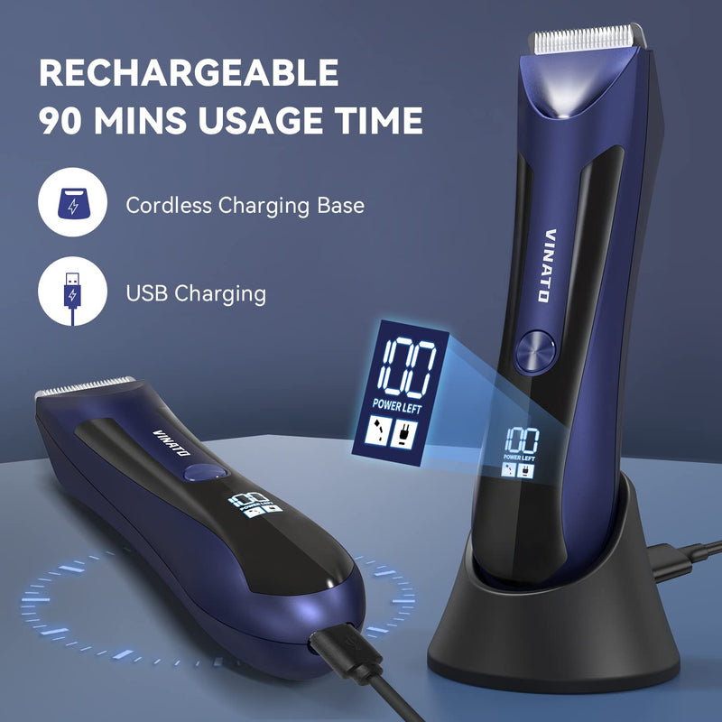 [Australia] - VINATO Electric Body Hair Trimmer - Manscape Ball Trimmer, Groin Hair Trimmer for Men, Waterproof Ball Shaver, USB Recharge Dock Replaceable Ceramic Blade, Male Hygiene Razor, 90 Mins Battery Life Blue 