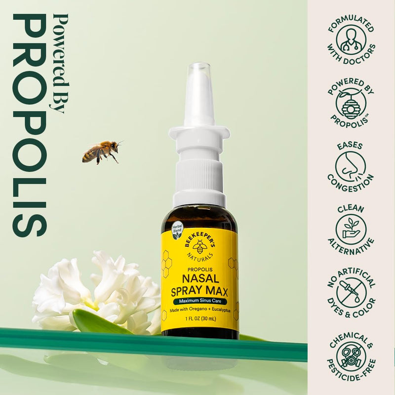 [Australia] - Beekeeper's Naturals Propolis Nasal Rinse Spray Max, Relief for Adults w/Eucalyptus, Oregano & Saline, Clears Nasal Congestion, Moisturizes Sinus Canal, & Decongest Sinus Cavities, 1 fl oz 1 Fl Oz (Pack of 1) 