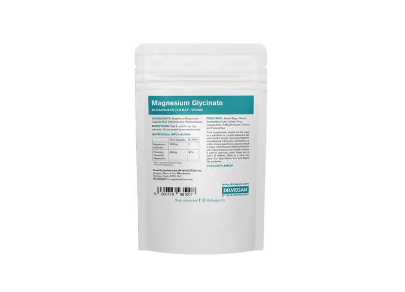 Daily Magnesium Glycinate 1500mg | Provides 300mg of Pure Elemental Magnesium | Fatigue, Mood and Muscle Recovery | 60 Vegan Capsules | Two-A-Day