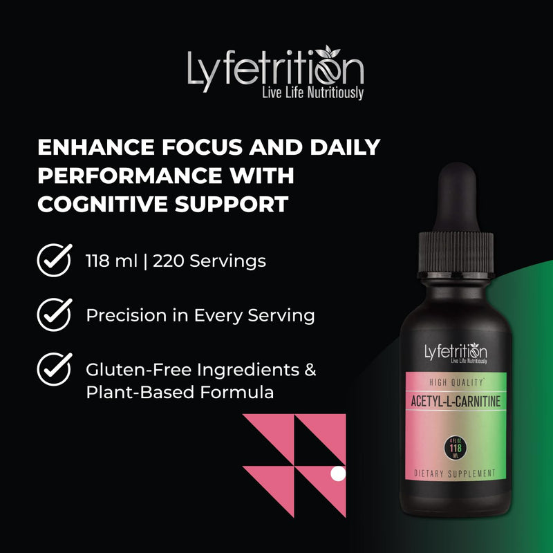 Lyfetrition Acetyl-L-Carnitine Liquid Supplement 118 ml, 4 FL Oz Liquid, 220 Servings, Made in USA, Quick Absorption, Potent Ingredients, Non-GMO
