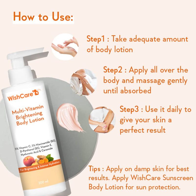 WishCare Multi-Vitamin Brightening Body Lotion for Men & Women, 200ml | 5% Vit C, Niacinamide, Panthenol & Vit E; Turmeric & Kakadu Plum; 5 non-comedogenic moisturizers; fragrance-free & vegan